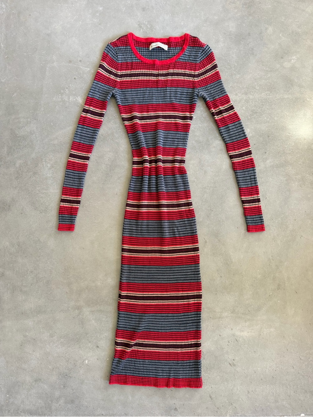 Abercrombie & Fitch Red and Gray Striped Ribbed Long Sleeve Dress